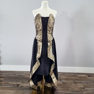 Vintage Brocade Taffeta High Low Dress Gold Black Strapless Size 12